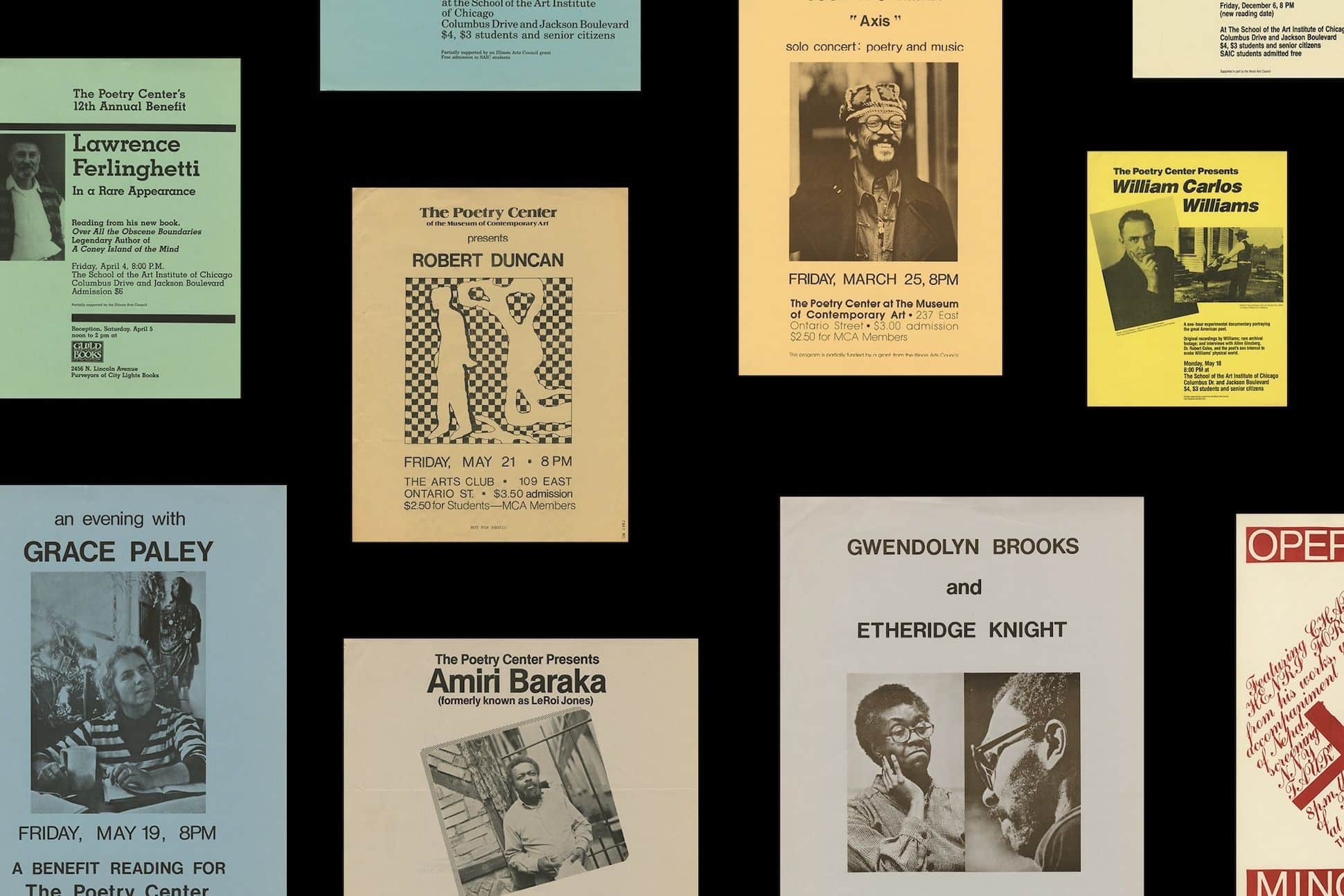 A grid of vintage Poetry Center event posters on a dark background, featuring readings by Lawrence Ferlinghetti, Robert Duncan, Grace Paley, Amiri Baraka, William Carlos Williams, and Gwendolyn Brooks with Etheridge Knight.