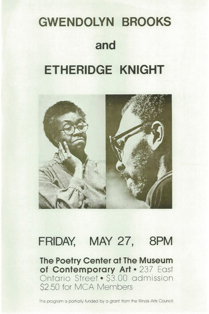 Vintage event poster for a poetry reading featuring Gwendolyn Brooks and Etheridge Knight, with black-and-white portrait photos of both poets. The event was held Friday, May 27 at 8 PM at The Poetry Center at The Museum of Contemporary Art.